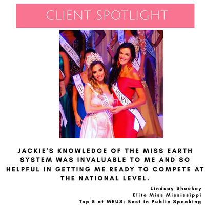 NYC Pageant Coach Jackie Schiffer's client Elite Miss Mississippi Lindsay Shockey receives best in public speaking award at Elite Miss Earth USA